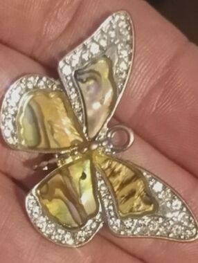 Vintage Silver-Tone Butterfly Pendant - Abalone Inlay & Claw-Set Rhinestones